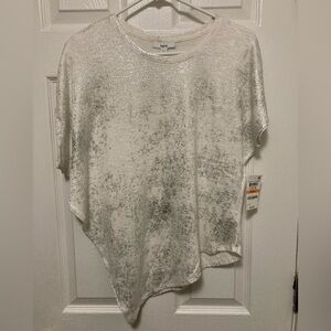 Bar III New White Asymmetrical Silver Spec Glitter Short Sleeve Shirt #C